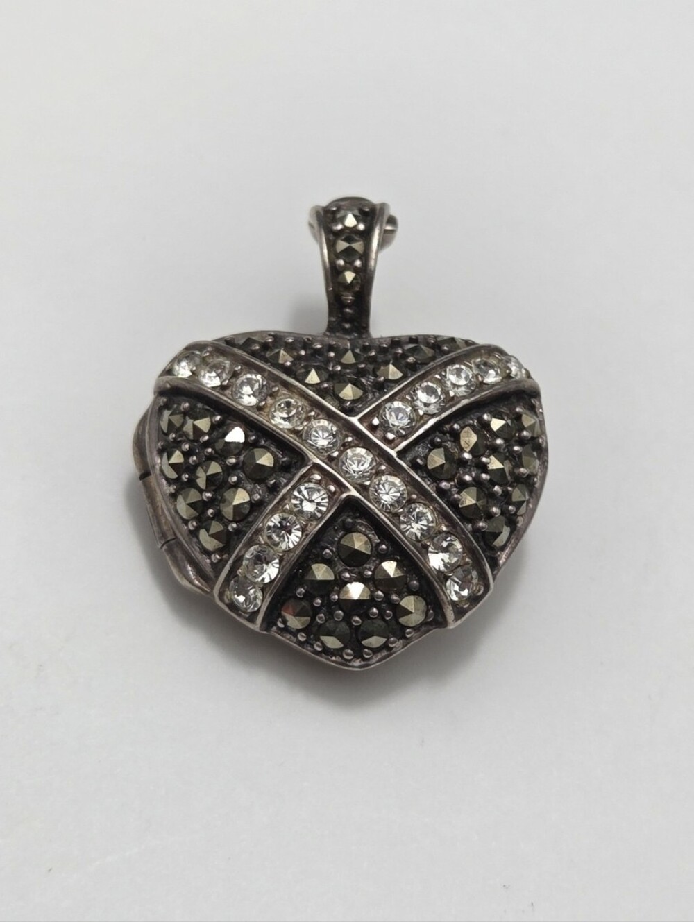 Vintage Sterling Silver Marcasite CZ Heart Locket Pendant